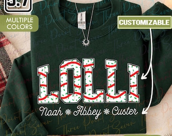 Gepersonaliseerd Lolli kerstboomtaarten sweatshirt, gepersonaliseerd kerstshirt voor oma met de namen van de kleinkinderen, kerstcadeau voor Lolli TN1026-4