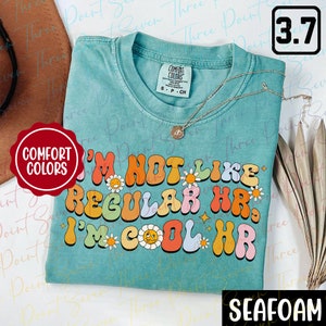 May include: A teal blue t-shirt with the text "I'm not like regular HR, I'm cool HR" in colorful retro font with flowers and a smiley face. The shirt is made by Comfort Colors and has a tag that says "S-P-CH".