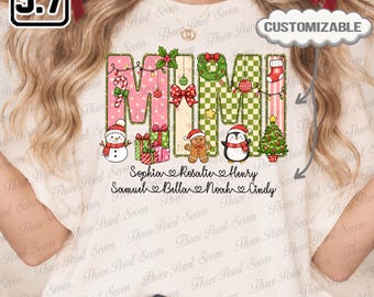 Sudadera navideña Mimi, camiseta personalizada para abuela estilo preppy, camiseta Mimi personalizada con los nombres de los nietos TN2247-1