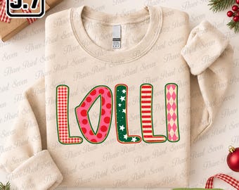 Gepersonaliseerde kersttrui met lolly-print, T-shirt op maat voor oma, Lolli-kerstcadeau TN2518-3