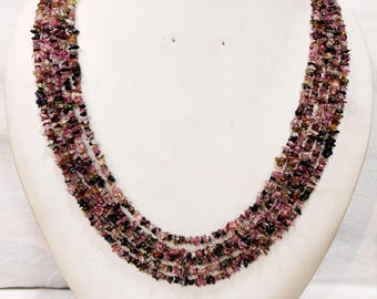 Handmade Multi Tourmaline Chips Necklace: 5 Strand Gemstone Beads