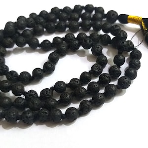 Black Lava Mala Bead Necklace: Hand Knotted Prayer Beads, Tassel