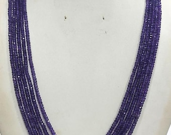 Natural Amethyst Rondelle Faceted Beads 5 Strand Necklace, AAA Quality Jewelry