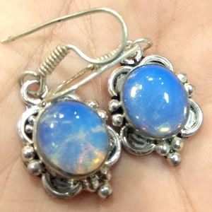 Rainbow Moonstone Steel Earrings: AAA Cabochon Gemstone