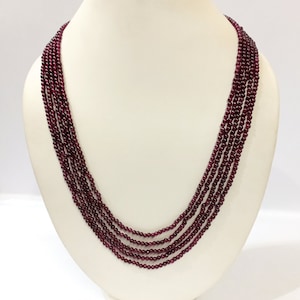 Natural Garnet Gemstone Necklace, Handmade Garnet 3-3.5mm Smooth Round Beads Necklace, Garnet Gemstone 5 Strand Jewelry Necklace
