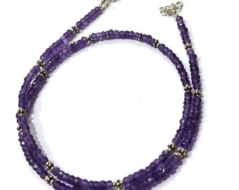 Amethyst Rondelle Faceted Sterling Silver Necklace, AAA Quality Beaded Jewelry