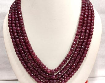 Natural RUBY Corundum Rondelle Faceted Beads Necklace: 4-Strand Gemstone Jewelry