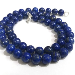 AAA+ Lapis Lazuli Necklace, Lapis Gemstone Necklace-Smooth Round Beads ,92.5 Sterling Silver Claps, Handmade Lapis 6-8mm Beaded Necklace