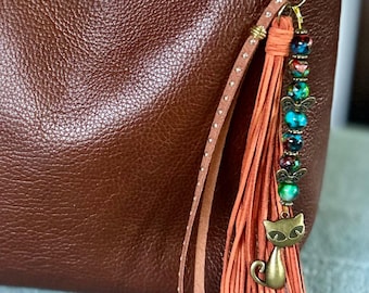 Boho Suede Tassel Purse Charm, Earthy Gemstone Beads, Antique Brass Zipper Pull