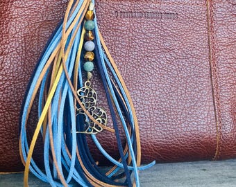 Colorful Boho Suede Tassel Purse Charm, Brass Accents, Gemstone Beads, 9 inch Zipper Pull