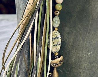 Antique Brass Cat Charm Suede Tassel, Agate Jade Boho Bag Charm