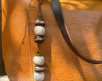 African Bone Bead Ghana Krobo Glass Zipper Pull, Leather Keychain, Boho Bag Charm