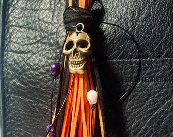 Halloween Skull Charm, Boho Suede Tassel, Spooky Gothic Bag Dangle (9 inch)