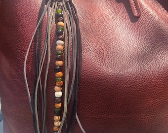 Boho Long Ring Tassel, Genuine Suede Purse Charm, Earthy Wood Beads, 12 inches long