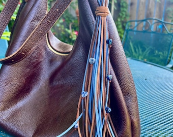 Extra Long Boho Tassel Purse Charm, Suede Bag Accessory, Star or Heart Beads