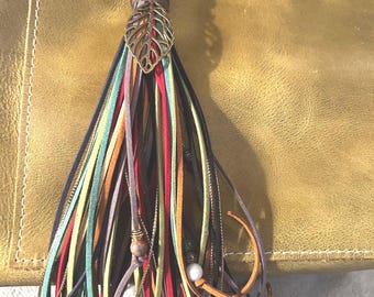 Colorful Long Suede Bag Tassel | Leaf Charm Beaded Boho Purse Flair | Pick Your Colors