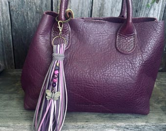 Boho Suede Tassel Bag Accessory | Semi-Precious Beads | Antique Brass Charms Butterfly, Key, Dragonfly, Heart