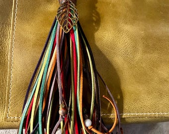 Boho Suede Tassel Purse Charm, Antique Brass Leaf, 11 Inch Handmade Bag Accessory