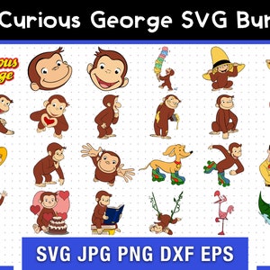 25 Pacchetto SVG Curious George, Modello SVG Curious George, SVG digitale, Sublimazione, File Cricut, Film abbozzato Svg / Pdf / Png immagine 1