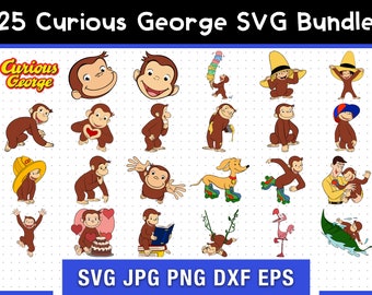 25 Pacchetto SVG Curious George, Modello SVG Curious George, SVG digitale, Sublimazione, File Cricut, Film abbozzato Svg / Pdf / Png