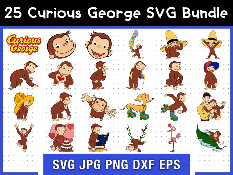 25 Pacchetto SVG Curious George, Modello SVG Curious George, SVG digitale, Sublimazione, File Cricut, Film abbozzato Svg / Pdf / Png immagine 1