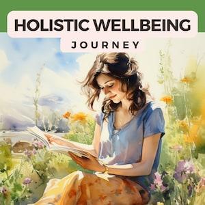 May include: A woman sits in a field of flowers, reading a book. The text on the cover reads "Holistic Wellbeing Journey Devotional Journal" and "SunriseStudioInc.com".