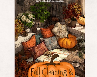 May include: An illustrated fall scene with a pumpkin in the foreground and the text "Fall Cleaning & Decluttering Planner." The image features pillows, plants, and a pumpkin, creating a cozy autumn ambiance. The Etsy shop URL is visible in the top right corner.