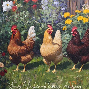 May include: Three chickens, one brown, one white, and one black, stand in a row on green grass. The chickens are in a garden setting with flowers and a wooden fence in the background. The text "Your Chicken-Keeping Journey" is written in white cursive at the bottom of the image.