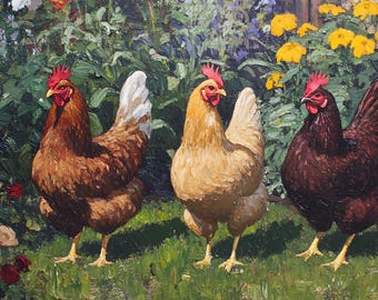 May include: Three chickens, one brown, one white, and one black, stand in a row on green grass. The chickens are in a garden setting with flowers and a wooden fence in the background. The text "Your Chicken-Keeping Journey" is written in white cursive at the bottom of the image.
