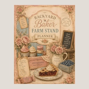May include: A vintage-style print featuring a "Backyard Baker Farm Stand Planner" design. The image includes cupcakes, macarons, a pie slice, blueberries, and floral arrangements. Text includes "Sweet things made with simple ingredients and lots of love."
