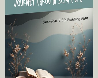 May include: An open book with red edges and a white cup sit on a gray surface. The text "Journey Through Scripture" is at the top, with "One-Year Bible Reading Plan" below. Decorative branches with small flowers are on either side.