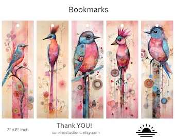 Artistic Bird Bookmarks: Colorful Whimsical Illustration