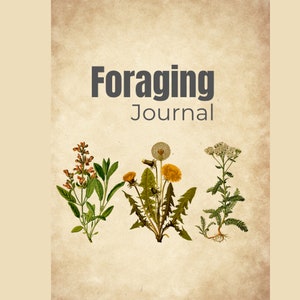 Könnte beinhalten: Ein Notizbuchcover im Vintage-Stil mit dem Text "Foraging Journal" in schwarzer Schrift. Das Cover zeigt Illustrationen von drei verschiedenen Pflanzen: Salbei, Löwenzahn und Schafgarbe.