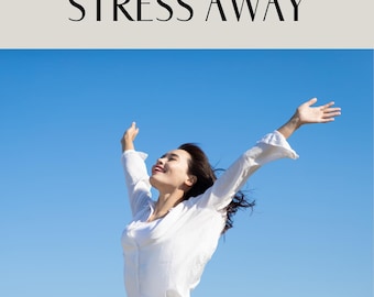 May include: A woman with her arms raised in the air, smiling, against a bright blue sky. The text "BIOHACK YOUR STRESS AWAY" is displayed above the image.