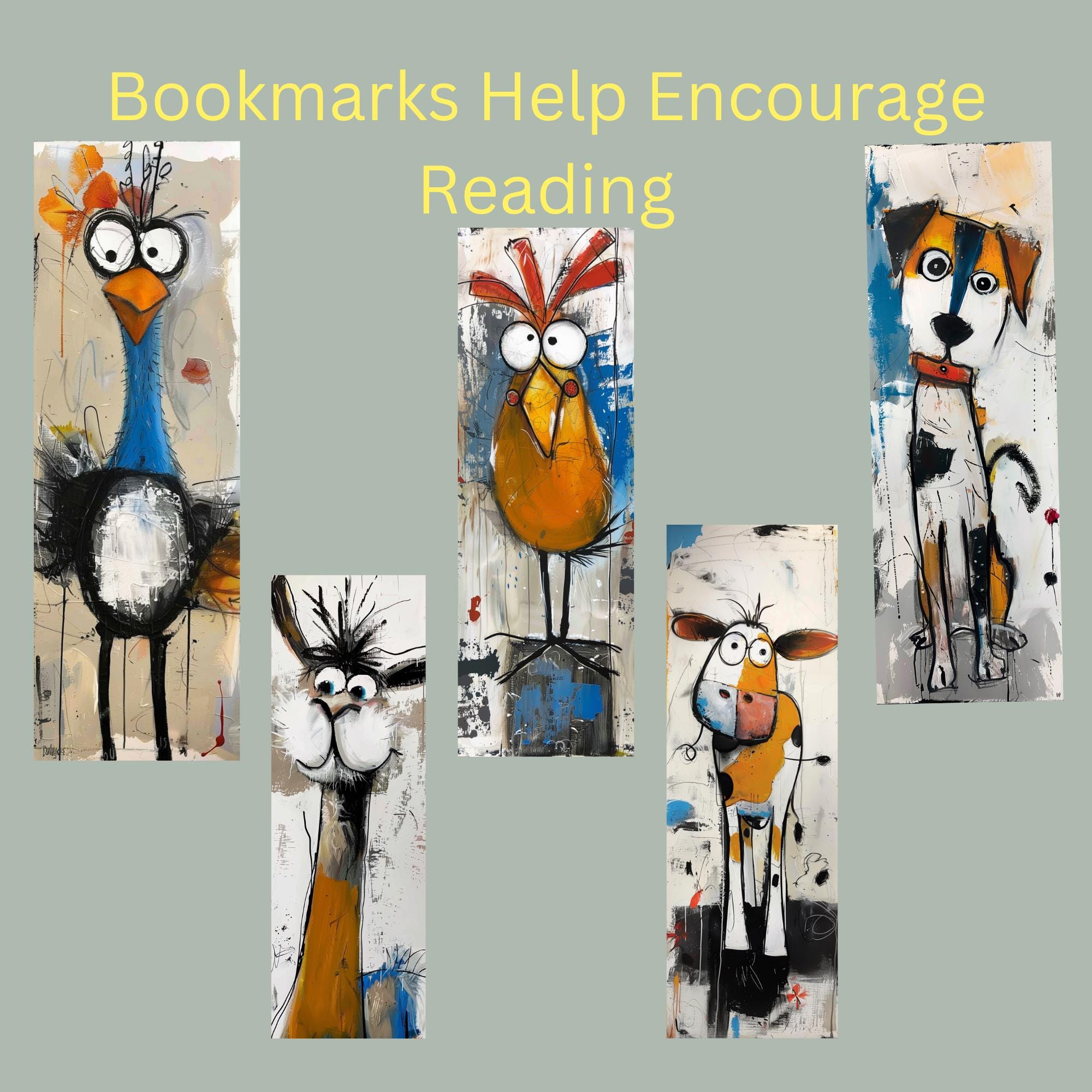Quirky Animal Bookmarks, Funny Farm Animal Art, Whimsical Animal Bookmark Set, Colorful Farm Bookmarks, Funky Animal Gifts, Book Lover Gift