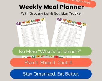 Printable Weekly Meal Planner: Healthy Eating Organizer with Grocery List (PDF Downloadable Template)