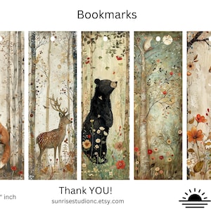 May include: Set of five bookmarks featuring woodland animals and nature scenes. The bookmarks are 2 inches wide by 6 inches tall and feature a fox, deer, bear, bird, and squirrel.