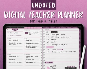 May include: Digital teacher planner for iPad and tablet. The undated planner features a pink and white design with sections for lesson plans, schedules, and notes. Includes a digital pen. The planner is designed for teachers.