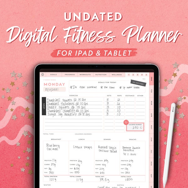 Portrait Fitness Digital Planner for iPad and Tablet | Undated Wellness & Health digital planner for GoodNotes, Notability, Noteshelf