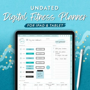 May include: A digital fitness planner for iPad and tablet with a blue background and a white stylus. The planner includes sections for goals, progress, workouts, nutrition, wellness, and notes. The planner also includes a meal plan with sections for breakfast, lunch, dinner, and snacks.