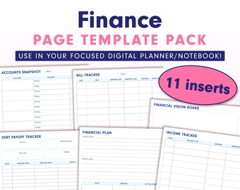 Finance Page Template Insert Pack for the Focused Digital Planner | savings, income, budget tracking page templates, financial printables