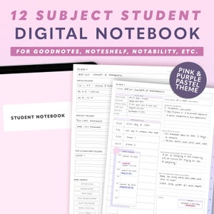 Academic Digital Notebook for GoodNotes, Noteshelf, Notability | Pastel pink & purple student digital notebook | 12 subject digital notebook