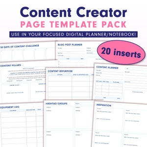 May include: A set of printable planner pages for content creators, featuring templates for content pillars, content repurposing, blog post planning, content planning, hashtag groups, equipment log, and inspiration. The pages are designed in a blue and pink color scheme with the text "20 inserts" in a pink circle.