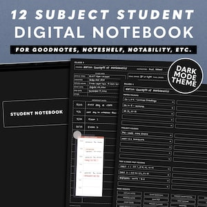 May include: A black and white digital notebook template for students. The template includes sections for class information, important dates, notes, project folders, test and exam prep folders, and page inserts. The template is designed for use with Goodnotes, Noteshelf, and Notability.