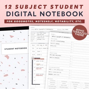 May include: A digital student notebook template with a boho terrazzo theme. The template includes sections for class information, important dates, weekly overview, project folders, test and exam prep folders, and page inserts. The template is designed for use with note-taking apps like GoodNotes, Noteshelf, and Notability.