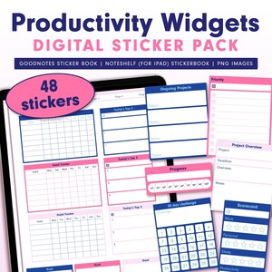 May include: A digital sticker pack for Goodnotes and Noteshelf apps featuring 48 productivity widgets. The stickers are pink and blue with white text and are designed for use in digital planners. The stickers include habit trackers, goal trackers, progress trackers, project overviews, and scorecards.