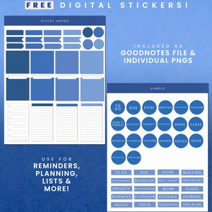 May include: Blue digital planner stickers for Goodnotes. Includes sticky notes, labels, and circles with text like "To Do", "Due", "Done", "Meeting", "Appointment", "Deadline", "Don't Forget", "Important", "Priority", "Rescheduled", "Work", "Class", "Morning", "Afternoon", "Evening", "Journal", "Notes", "Ideas", "Thoughts", and "The Plan".