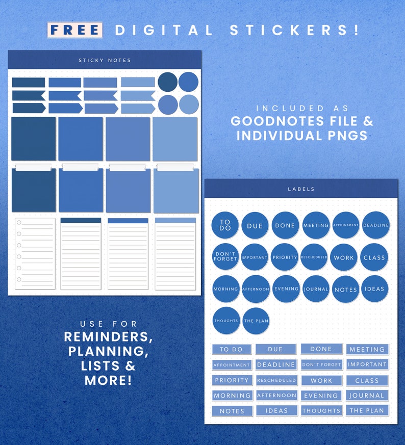 May include: Blue digital planner stickers for Goodnotes. Includes sticky notes, labels, and circles with text like "To Do", "Due", "Done", "Meeting", "Appointment", "Deadline", "Don't Forget", "Important", "Priority", "Rescheduled", "Work", "Class", "Morning", "Afternoon", "Evening", "Journal", "Notes", "Ideas", "Thoughts", and "The Plan".