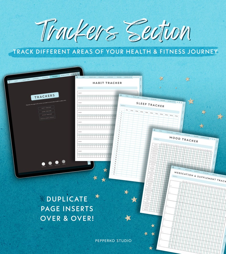 May include: A digital tablet displaying a "Trackers" section with various health and fitness tracking templates. Includes habit, sleep, mood, and medication trackers. Text reads "Track Different Areas of Your Health & Fitness Journey."