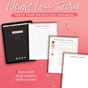 May include: A digital weight loss tracker with sections for weight, measurements, and progress photos. The tracker has a pink background with gold stars and the text "Weight Loss Section" and "Track Your Weightloss Progress".